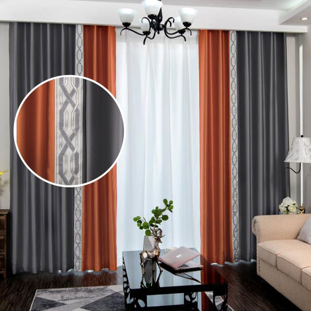 Gray and Orange Curtain Sets Matching Room Darkening Energy Efficient