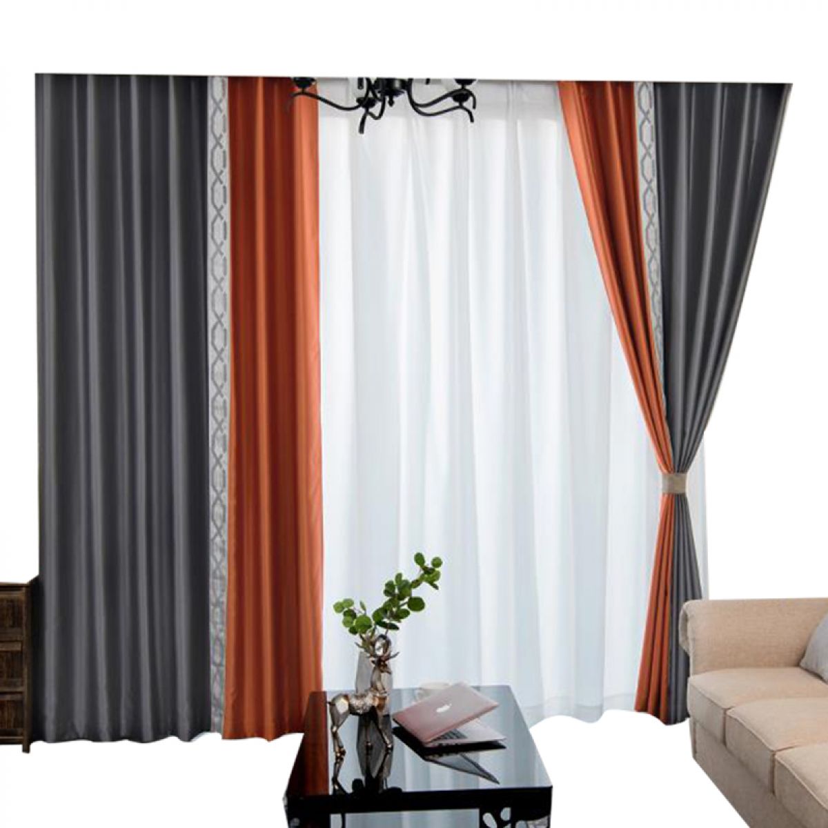 Gray and Orange Curtain Sets Matching Room Darkening Energy Efficient