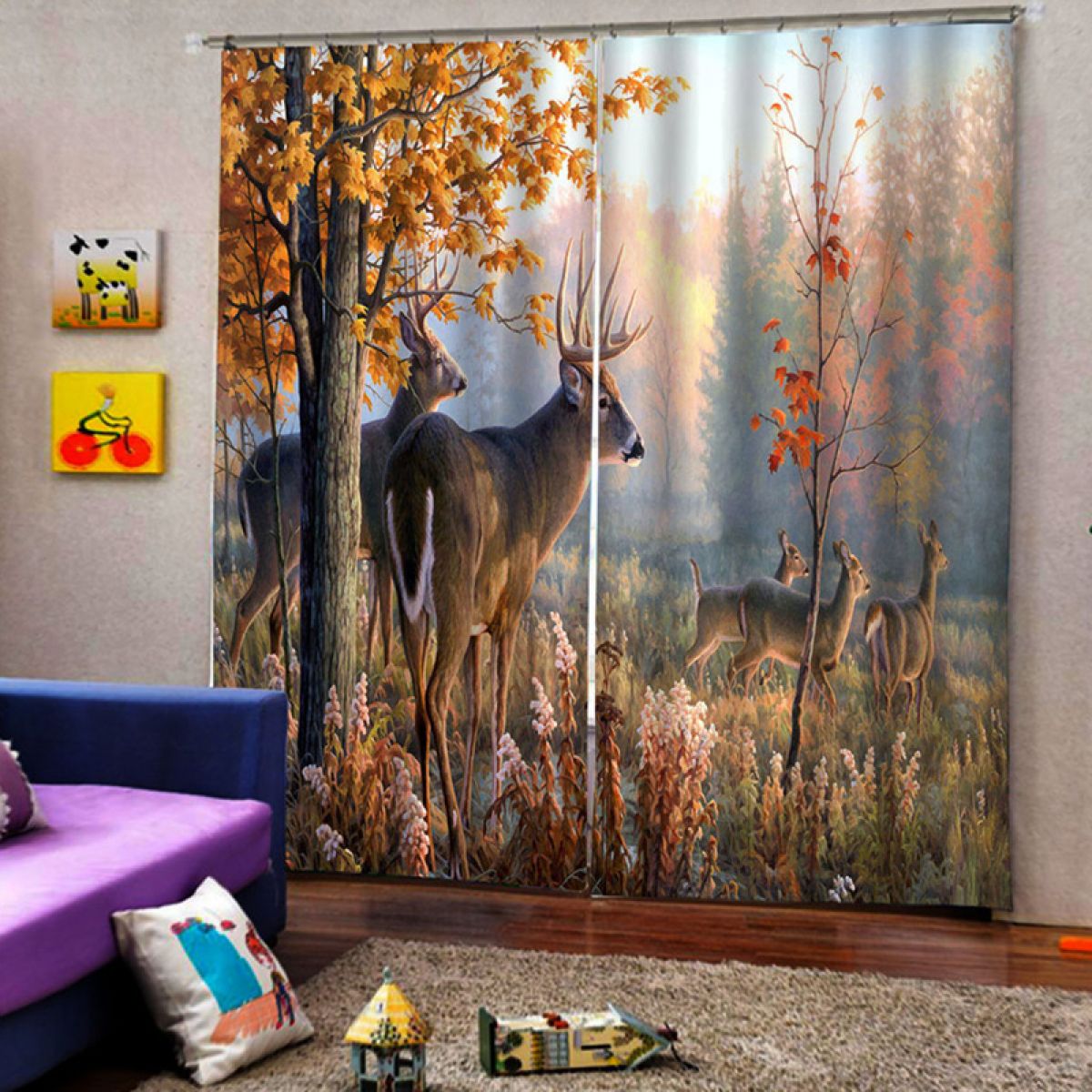 Digital Printing 3D Sliding Window Curtains Deer in the Forest French ...